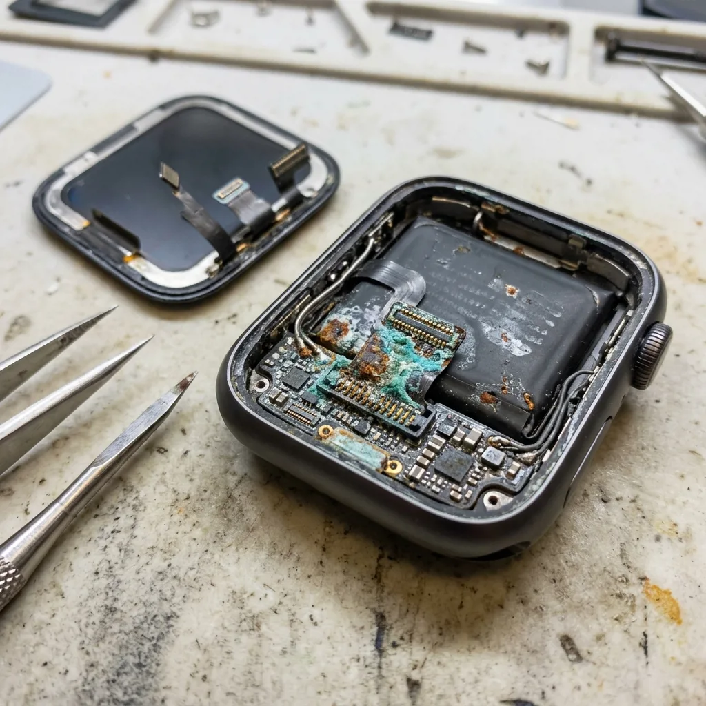Повреждённый аккумулятор Apple Watch после попадания влаги