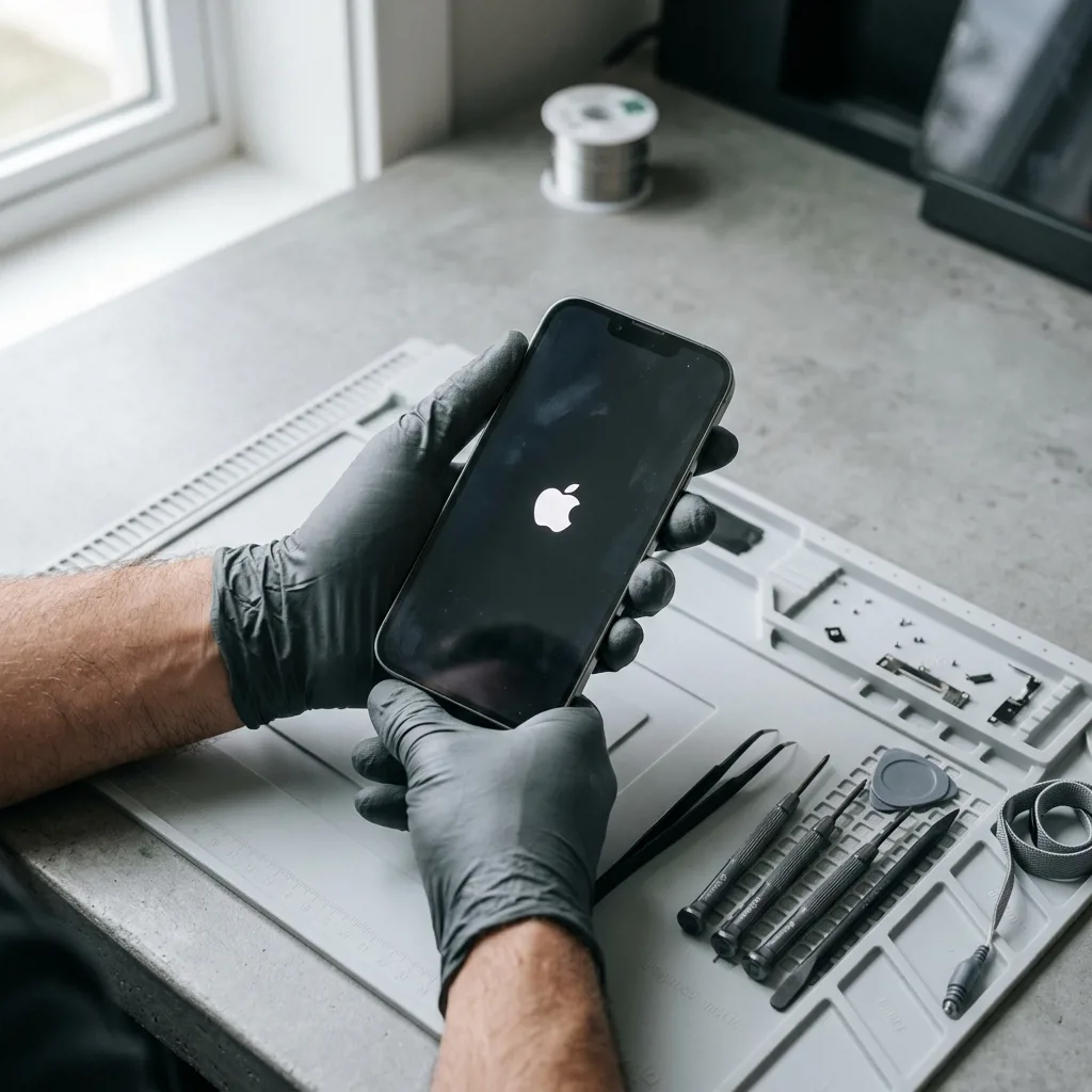 iPhone в цикле перезагрузки на столе диагностики