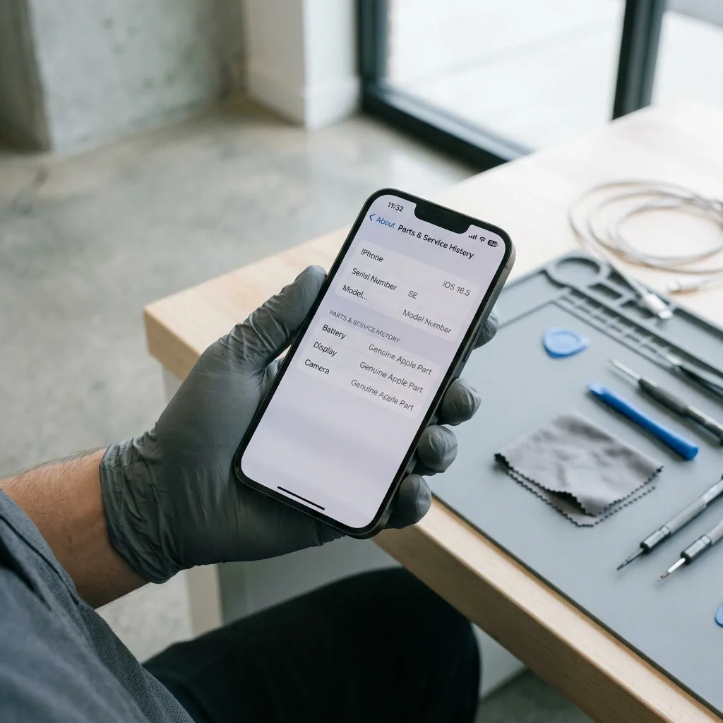 Интерфейс iOS с информацией об оригинальности установленной детали